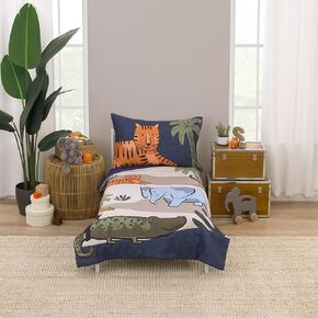 Carter's Jungle Navy, Tan, Blue, and Orange Oh Snap! It's Bedtime 4 Piece Toddler Bed Set - Comforter, Fitted Bottom Sheet, Flat Top Sheet, and Reversible Pillowcase