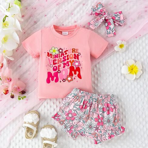 Baby Girl Summer Clothes Letter T Shirt Top +Floral Bloomer Shorts+Headband 3 Piece Shorts Set Newborn Infant Outfit in Saudi Arabia