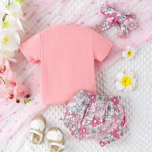 Baby Girl Summer Clothes Letter T Shirt Top +Floral Bloomer Shorts+Headband 3 Piece Shorts Set Newborn Infant Outfit in Saudi Arabia