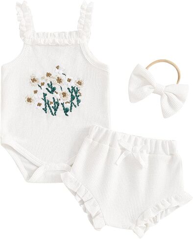 Newborn Baby Girl Clothes Summer Outfit Waffle Sleeveless Floral Embroidery Strap Romper Shorts Set in Saudi Arabia
