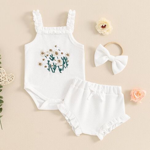 Newborn Baby Girl Clothes Summer Outfit Waffle Sleeveless Floral Embroidery Strap Romper Shorts Set in Saudi Arabia