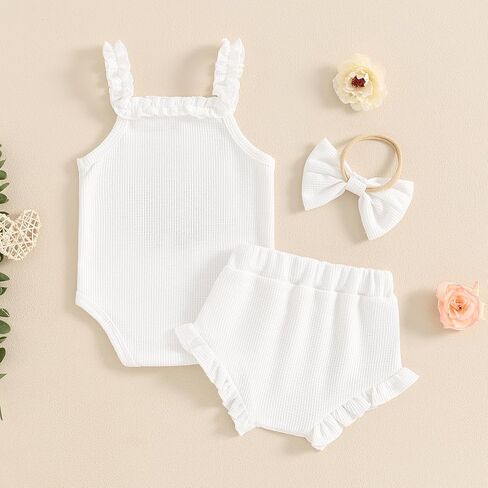 Newborn Baby Girl Clothes Summer Outfit Waffle Sleeveless Floral Embroidery Strap Romper Shorts Set in Saudi Arabia