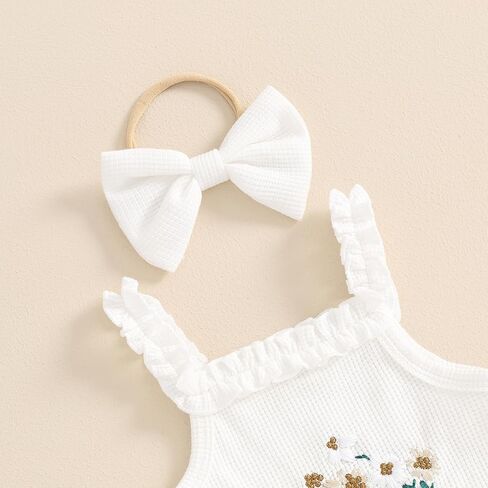 Newborn Baby Girl Clothes Summer Outfit Waffle Sleeveless Floral Embroidery Strap Romper Shorts Set in Saudi Arabia