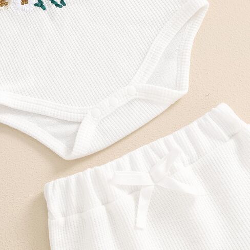 Newborn Baby Girl Clothes Summer Outfit Waffle Sleeveless Floral Embroidery Strap Romper Shorts Set in Saudi Arabia