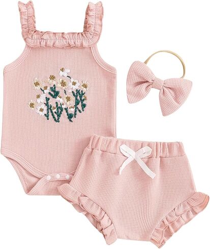 Newborn Baby Girl Clothes Summer Outfit Waffle Sleeveless Floral Embroidery Strap Romper Shorts Set in Saudi Arabia