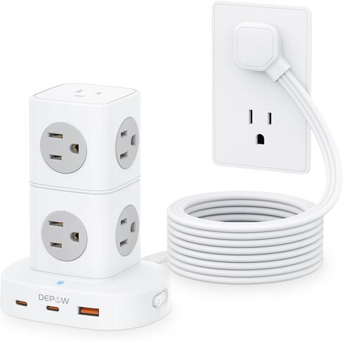 Tower Power Strip with 9 Outlets 3 USB (2 USB C), Surge Protector Tower 1250W/10A, 1700J, 5Ft Removable Multiple Outlets Power Strip Tower, Ideal for Dorms, Home Office, Travel, Hotels in Saudi Arabia
