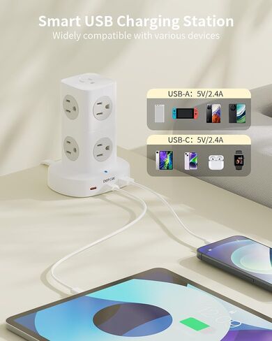 Tower Power Strip with 9 Outlets 3 USB (2 USB C), Surge Protector Tower 1250W/10A, 1700J, 5Ft Removable Multiple Outlets Power Strip Tower, Ideal for Dorms, Home Office, Travel, Hotels in Saudi Arabia