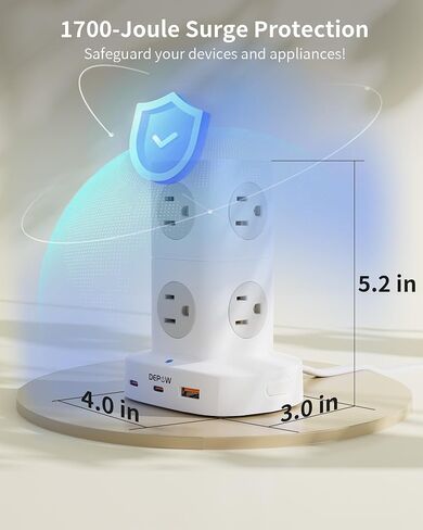 Tower Power Strip with 9 Outlets 3 USB (2 USB C), Surge Protector Tower 1250W/10A, 1700J, 5Ft Removable Multiple Outlets Power Strip Tower, Ideal for Dorms, Home Office, Travel, Hotels in Saudi Arabia