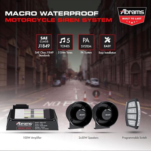 مجموعة نظام صفارة الإنذار للدراجات النارية Abrams Macro 100W [مقاومة للصدمات والاهتزاز] نظام صفارة شرطة قوي مقاوم للماء [2 × 50 وات مكبر صوت + وحدة تحكم متضمنة] صفارة طوارئ 12 فولت لـ ATV UTV POV in Kuwait