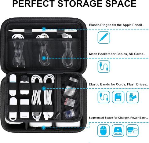 Lacdo Hard Travel Electronic Organizer Case for MacBook Power Adapter Charger, Cables, Cords, Apple Pencil, Mouse, Power Bank, USB Flash Disk, SD Cards EVA Protective Portable Accessories Bag, Black in Kuwait
