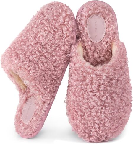 Snug Leaves Women's Scuff Slippers Furry Cute Curly Faux Wool Slip-on Indoor Outdoor Memory Foam House Shoes in Saudi Arabia