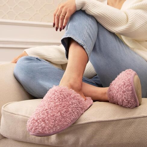 Snug Leaves Women's Scuff Slippers Furry Cute Curly Faux Wool Slip-on Indoor Outdoor Memory Foam House Shoes in Saudi Arabia