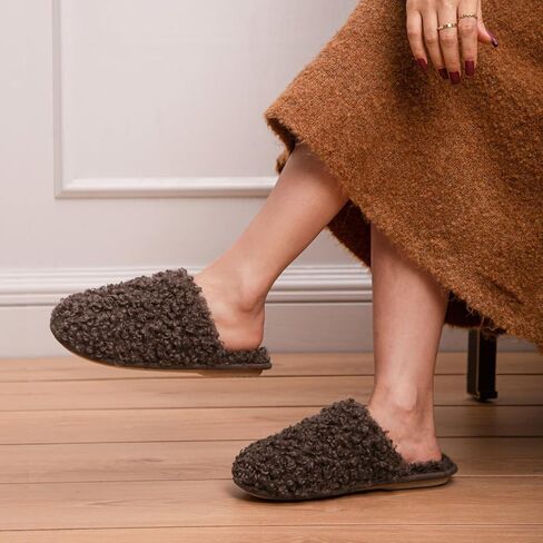 Snug Leaves Women's Scuff Slippers Furry Cute Curly Faux Wool Slip-on Indoor Outdoor Memory Foam House Shoes in Saudi Arabia