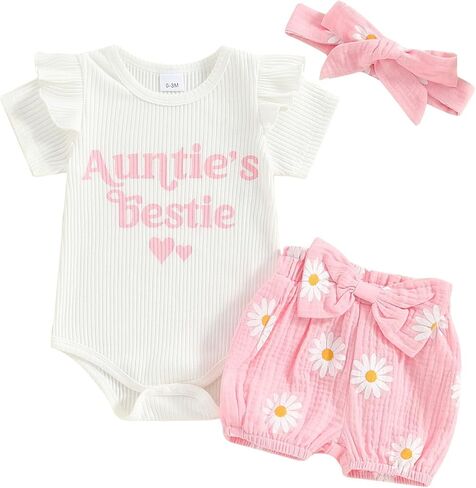 Newborn Baby Girl Summer Outfit Floral Short Sleeve Romper Sunflower Shorts Headband Set 3Pcs Clothes in Kuwait
