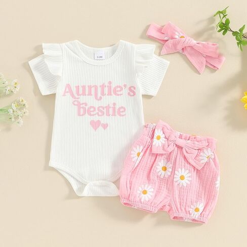 Newborn Baby Girl Summer Outfit Floral Short Sleeve Romper Sunflower Shorts Headband Set 3Pcs Clothes in Kuwait