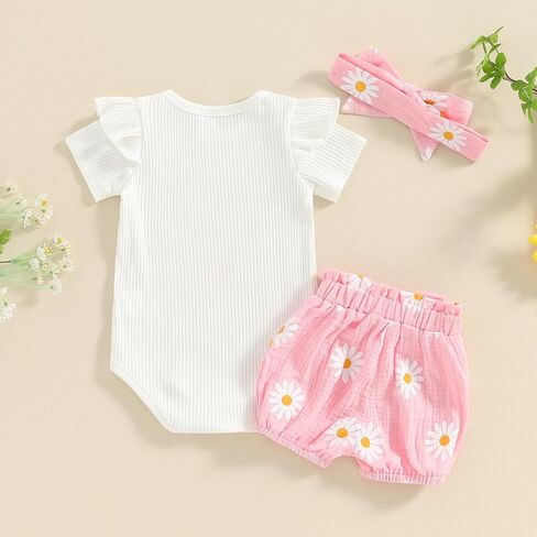 Newborn Baby Girl Summer Outfit Floral Short Sleeve Romper Sunflower Shorts Headband Set 3Pcs Clothes in Kuwait