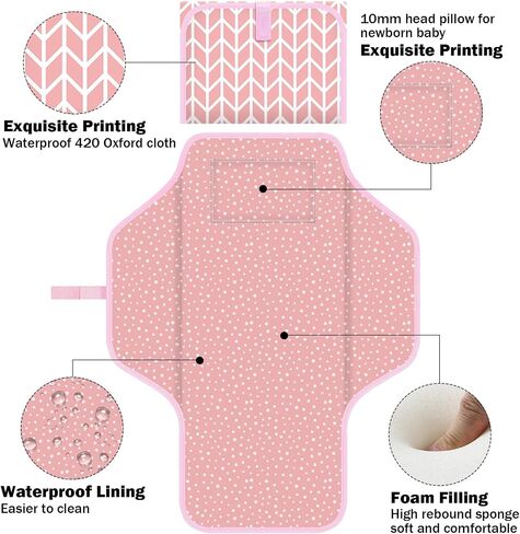 Baby Portable Diaper Changing Pad, Foldable Travel Diapering Changing Mat with Built-in Pillow, Waterproof Compact Changing Pad for Newborn Baby Changing Station, Infant Gift（Pink Stripe） in Saudi Arabia