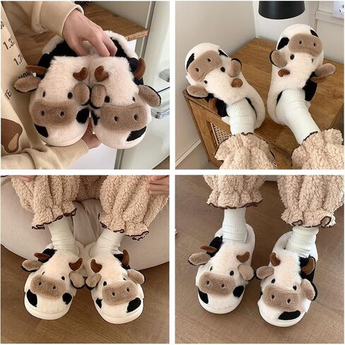 Fuzzy Cow Slippers for Women Men, Cute Cotton Animals House Shoes Fluffy Plush Slippers for Girls Indoor Living Room Bedroom in Saudi Arabia