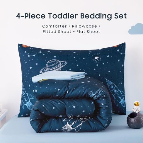 Wake In Cloud - Space Toddler Bedding Set for Boys, Star Rocket Outer Space Galaxy, 4 Pieces Soft Crib Bed Set Including Comforter, Sheets and Pillowcase, Navy Blue in Saudi Arabia