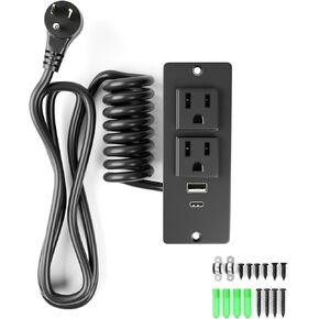 Furniture Recessed Power Strip - Clutter-Free Drawer Socket with USB-A, USB-C & (2) 12 amp AC ports, 6.9FT Power Cord, Spring Cable, Clips and Screws Included, UL Listed