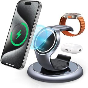 EXW Charging Station for Magsafe Charger,Charging Station for Multiple Devices Apple,Wireless Charger for iPhone 15/14/13/12 Series,Apple Watch Series 2-9/Ultra, Airpods 3 2 Pro (Silver Grey)