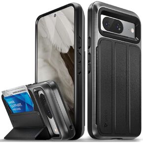 VENA vCommute Wallet Case for Google Pixel 8 Pro (2023), (Military Grade Drop Protection) Flip Leather Cover Card Slot Holder with Kickstand - Space Gray/Black
