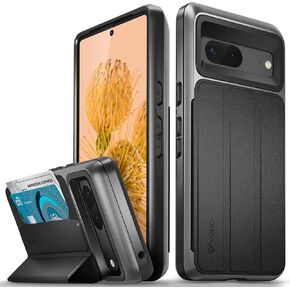 VENA vCommute Wallet Case Compatible with Google Pixel 7 Pro (2022), (Military Grade Drop Protection) Flip Leather Cover Card Slot Holder with Kickstand - Space Gray