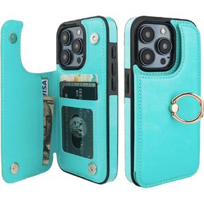for iPhone 15 Pro Wallet Case with Card Holder, 360° Rotation Ring Kickstand RFID Blocking PU Leather Double Magnetic Clasp Shockproof Cover for Women and Girls 6.1 Inch (Black)