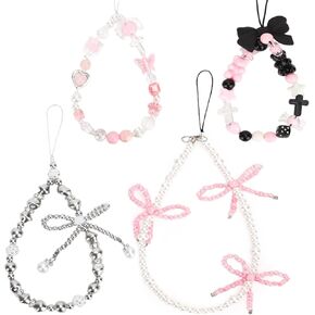 4pcs Pearl Phone Charms, 4 Styles Bow Knot Phone Charm Silver Pink Beaded Phone Charm Beautiful Phone Charms Strap with Bow Phone Bracelet for Wallets Cameras Car Keys Handbags