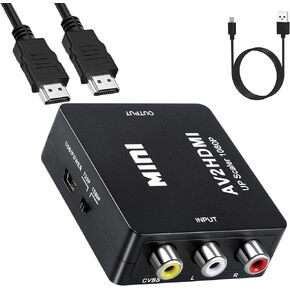 RCA to HDMI Converter, 1080P RCA Composite CVBS AV to HDMI Video Audio Adapter Compatible with N64 Wii PS2 Xbox VHS VCR Camera DVD (RCA Adapter + HDMI Cable + RCA Cable)