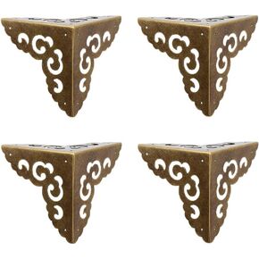 4Pcs Vintage Pure Brass Hollow Cloud Pattern Corner Protectors Antique Hardware Desk Edge Wooden Jewelry Gift Box Cabinet Three Sides Full Encase Corner Guard