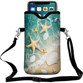 Universal Neoprene Cell Phone Pouch 7.1 X 4 in Mobile Protection Case Bag with Crossbody Strap/Neck Lanyard Luxury Flowers Leaf Printed Pattern