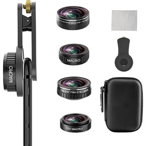 مجموعة عدسات 4 في 1 لأجهزة iPhone وAndroid، عدسة ماكرو 12X/15X (عدستين) + عدسة زاوية واسعة 0.4X + عدسة عين السمكة 235 درجة، عدسة كاميرا الهاتف، اللون أسود in Kuwait
