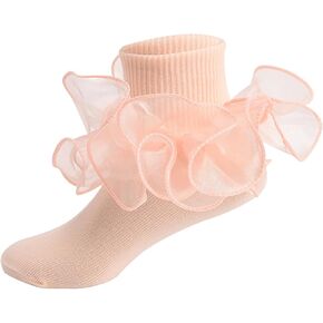 Toddler Girls Ruffle Socks Double Lace Frilly Princess Dress Socks Cotton Anti-slip Ankle Socks for Kids Years 1-10T
