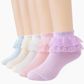 Meeshine 5 Pack Toddler Baby Girls Ruffle Lace Socks Princess Frilly Trim Soft Cotton Knit Ankle Socks for 2-9T Kids