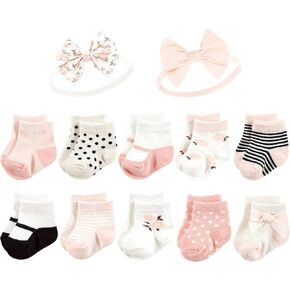 Hudson Baby Baby Girls Sock and Headband 12pc Set, Soft Pink Roses, 0-9 Months