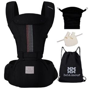 حاملة الأطفال من بيبي بامور لحديثي الولادة وحتى الأطفال الصغار بمقعد الورك من 0 إلى 36 شهرًا مع غطاء للرأس، 3 قطع من وسادات التسنين، وموسع الخصر، أسود in Kuwait