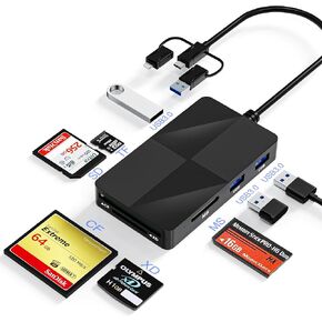 Memory Stick Pro Duo Adapter with Extra 3 USB 3.0 Ports for iPhone, 8 in 1 Memory Card Reader for SD/TF/Compact Flash/MS/XD Picture, USB OTG Adapter Read 8 Ports Simultaneous Support All Devices