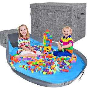 Voova Toy Storage Organizer and Play Mat- 2-in-1 Toy Storage Chest Bin for Kids, Stackable and Foldable Cube Toy Basket Box for Boys & Girls, Large Building Blocks Storage Holder for Playroom,Blue