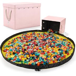 Toy Storage Organizer and Play Mat for Kids - Foldable Organizer Storage Bins with Lids - Detachable Mat Storage Bag Kids Toy Box for Boys, Girls, Nursery, Playroom, 11.6''x11.6''x15.5''(Pink)
