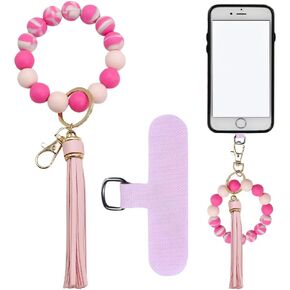 Marble Boho Silicone Beaded Phone Wrist Strap, Cellphone Lanyard with Tether Tab, Elastic Wristlet Bracelet Keychain