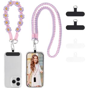 OUTXE Boho Macrame Phone Lanyard, 3-in-1 Detachable Cell Phone Lanyard with 4 Pack Tether Tab, Handmade Woven Daisy Strap for Women-Black