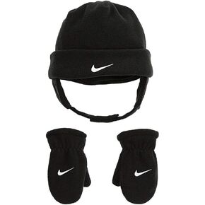 Nike Baby Boy's Swoosh Baby Fleece Cap Gloves Set (Infant/Toddler) Black/White 2T-4T (Toddler)