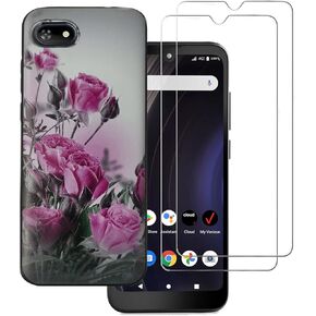 [2-Pack] for Orbic Joy Tempered Glass Screen Protector,Orbic Joy Case, Orbic Joy RC608L Phone Case, Rose Painting Design Flexible TPU Non-Slip Cover Rubber Slim Case for Orbic Joy RC608L