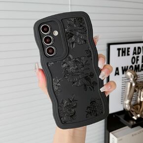 ZTOFERA Wavy Phone Case for Samsung Galaxy A25 5G,Unique Curly Wave Frame & Rose Pattern, Black Soft Liquid Silicone Anti-Fingerprint Shockproof Full Coverage & Lens Protective Case Samsung A25-Rose