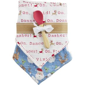 Mud Pie Muslin Christmas Bib and Silicone Spoon Set, Reindeer/Santa