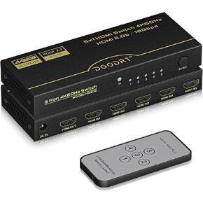 4K HDMI Switch 5 in 1 Out 4K@60Hz, 5 Port 5x1 HDMI Switcher Box with Remote Control and Automatic Switch for TV PS5 Xbox PC Monitor Fire Stick Gaming Consoles