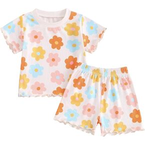 Toddler Baby Girl Clothes Summer Ribbed Floral Print Short Sleeve T Shirt Shorts Set Cute Infant Girl 2PCS Clothes