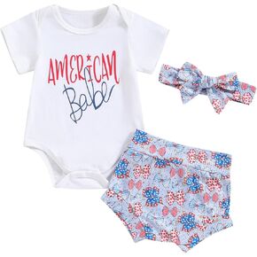 Newborn Baby Girl 4th of July Outfit Short Sleeve Romper American Babe Onesie Bloomers Set Fourth of July Outfit