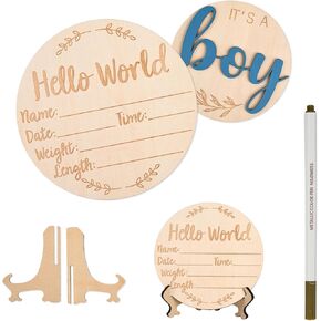 Baby Announcement Sign, Its A Boy/Girl Welcome Baby Sign Wooden Hello World Newborn Sign with Pen&Wooden Stand, Birth Announcement Sign for Photo Props Baby Shower Hospital Nursery (blue)